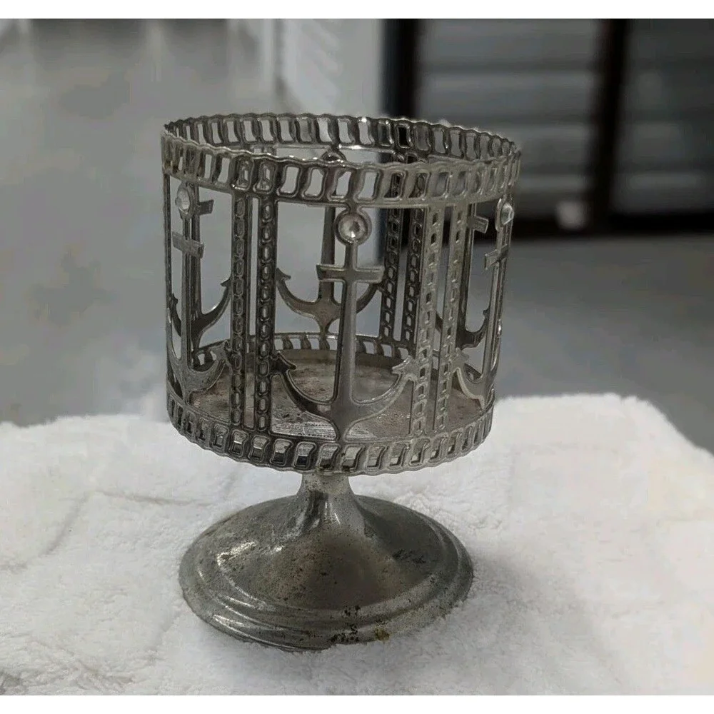 Bath & Body Works Silver 3-Wick Candle Holder Nautical Anchor Pedestal Coastal - Picture 1 of 5